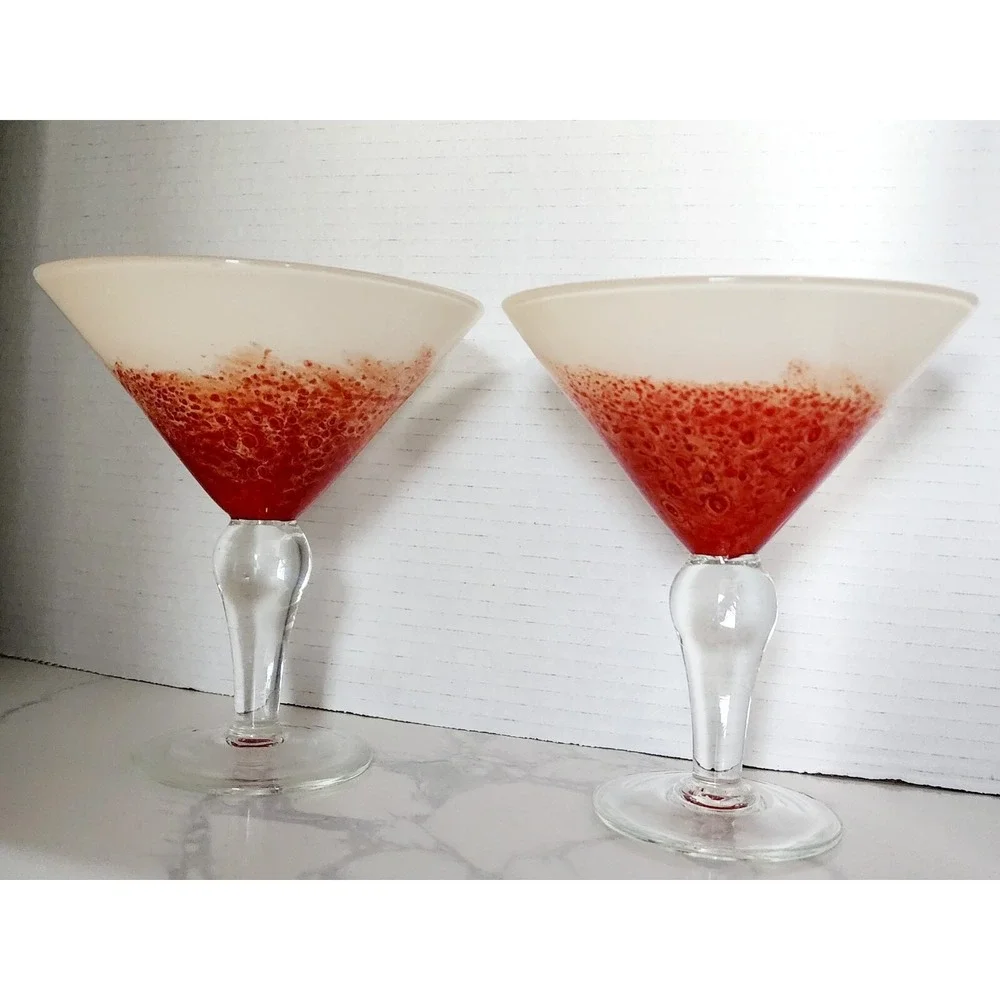 Pier 1 Orange Cream Splatter Cocktail Martini Glasses Clear Ball Stem Set Of 2